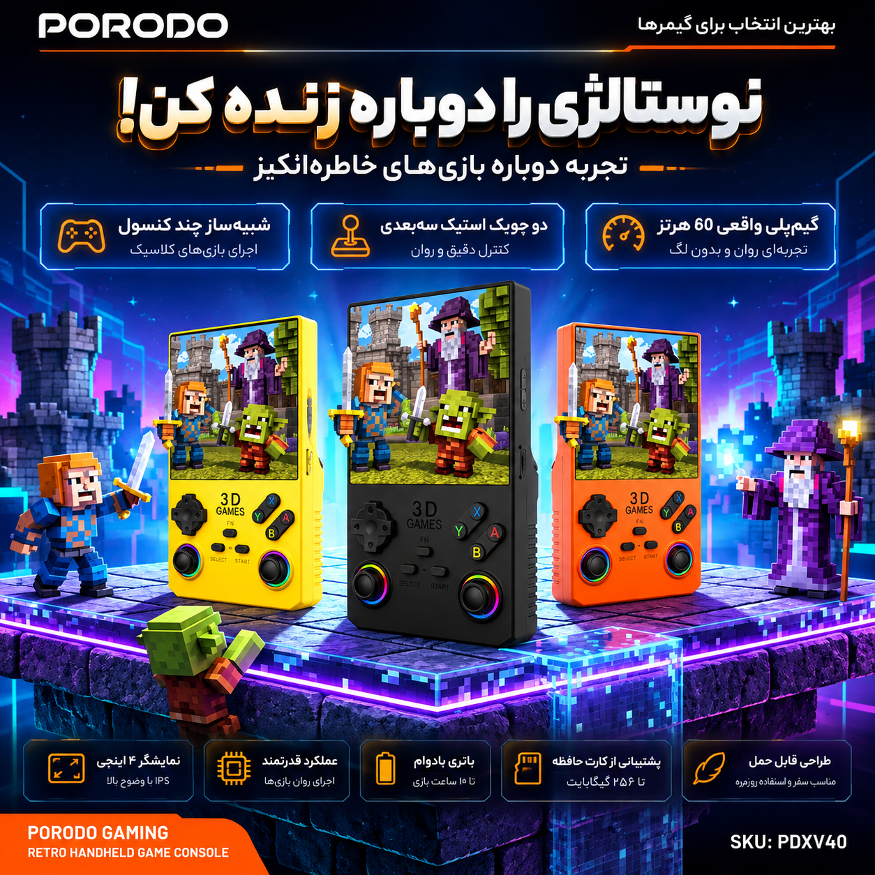 جزئیات دقیق قطعات و اجزای کنسول دستی پرودو مدل PDXV40 ظرفیت ۶۴ گیگابایت در نمای ماکرو