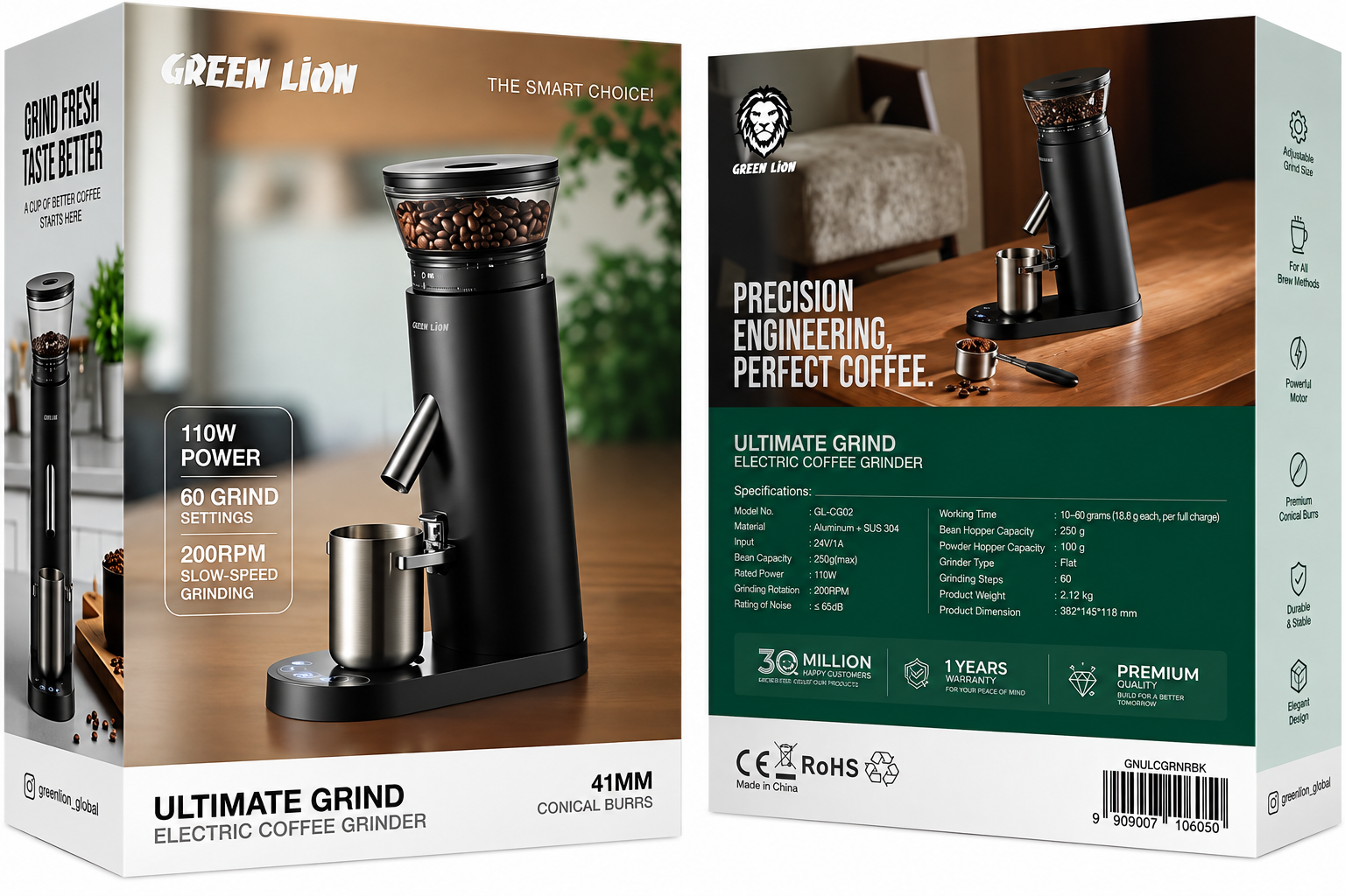 نمای قدی آسیاب قهوه شارژی برقی گرین لاین مدل Ultimate Grind با تمرکز بر طراحی و کارایی محصول