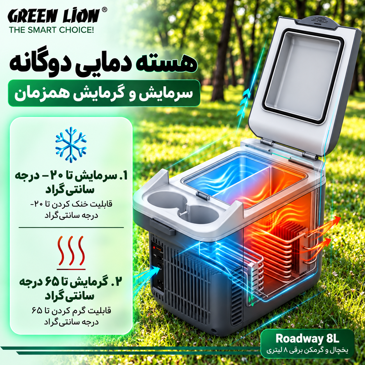 بستهبندی اورجینال یخچال و گرم کن برقی گرین لاین Roadway با ظرفیت 8 لیتر همراه با مشخصات فنی محصول - نمای 7_1