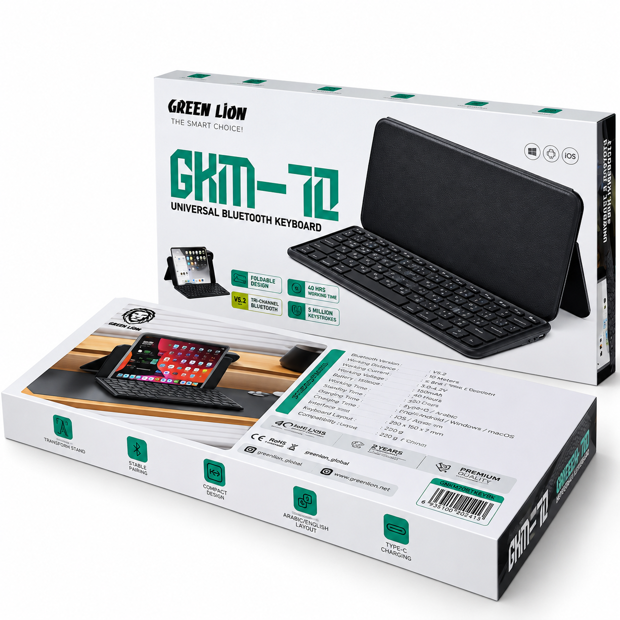 بستهبندی اورجینال کیبورد بلوتوثی یونیورسال گرین لاین GKM-70 مدل GNKM70BTKEYBK همراه با مشخصات فنی محصول