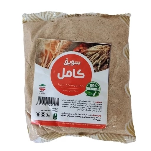 نمای جانبی و طراحی ظاهری سویق ارگانیک کامل 250 گرم با رنگبندی جذاب