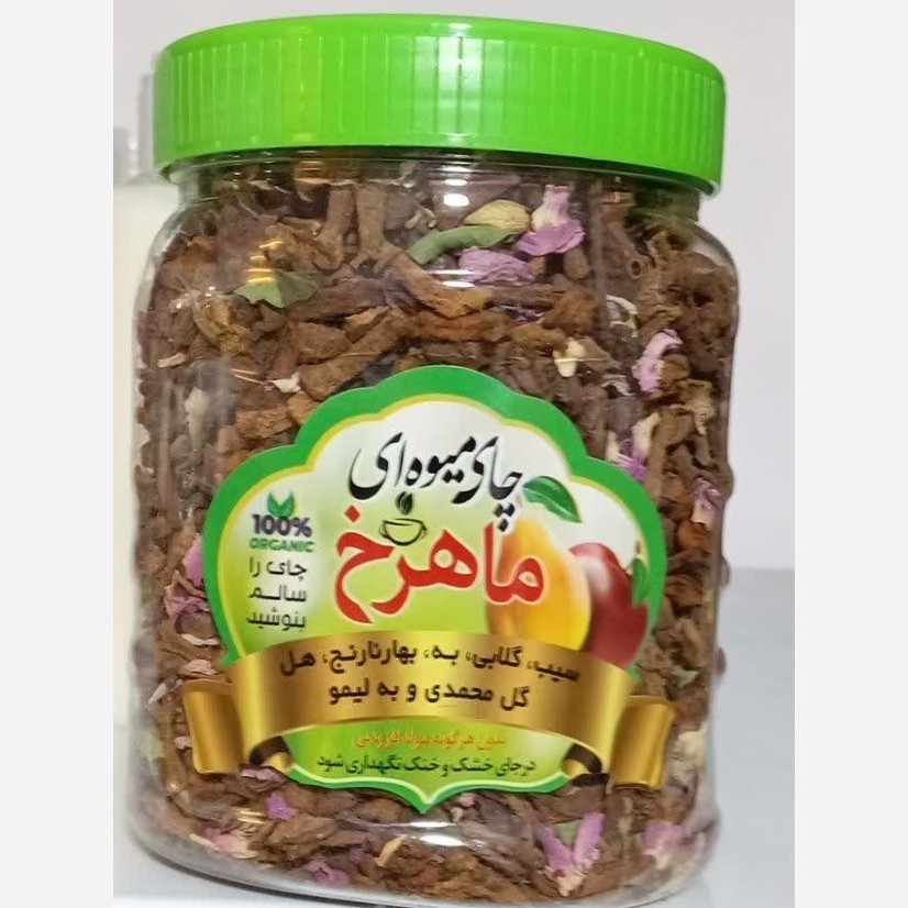 نمای جانبی و طراحی ظاهری چای گیاهی میوه ای ماهرخ 250 گرم بهشتی با رنگ‌بندی جذاب