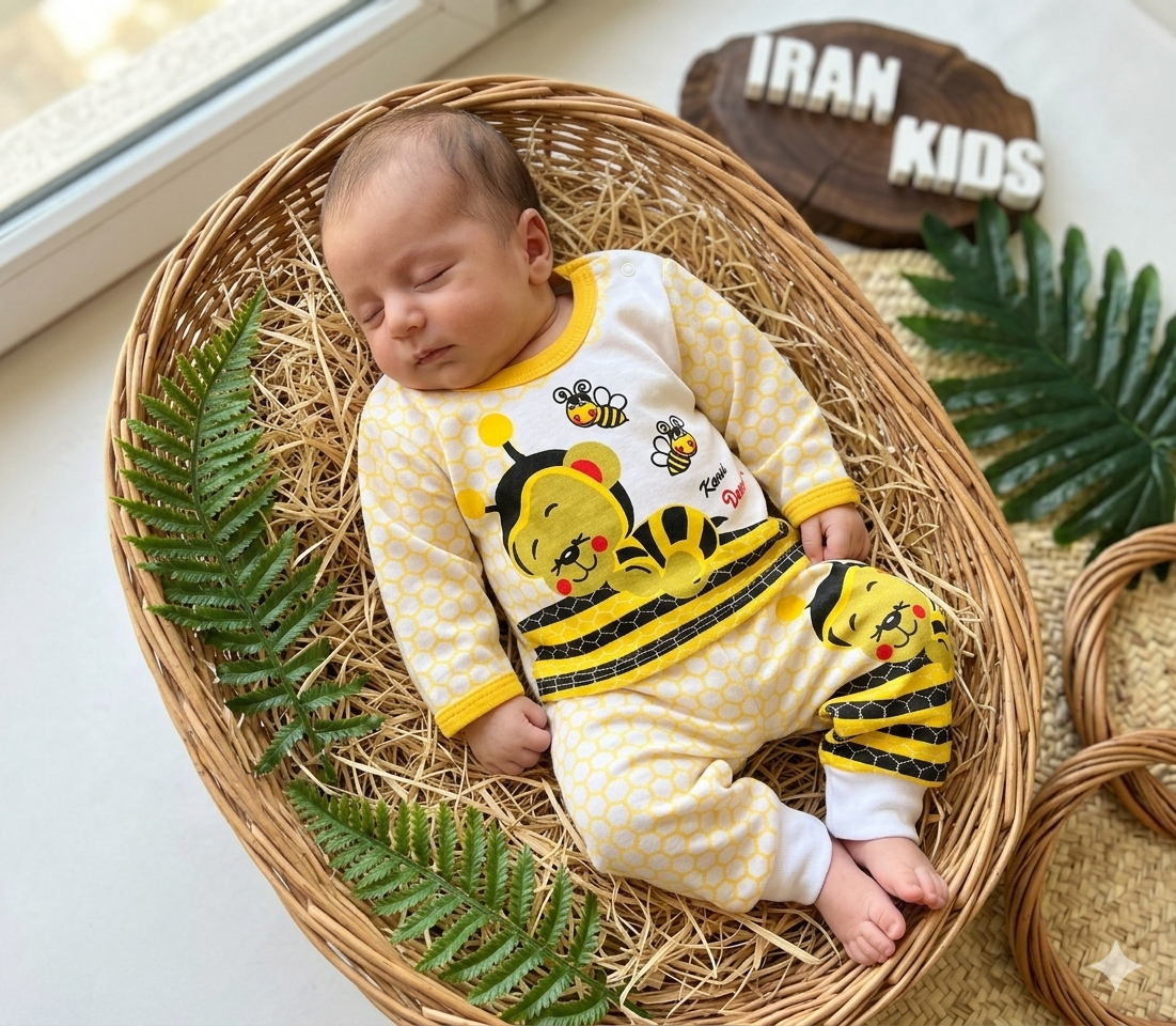 نمای جانبی و طراحی ظاهری ست بلوز و شلوار لباس نوزادی طرح زنبوری - مناسب منزل بازی سایز ۱ تا ۶ با رنگ‌بندی جذاب
