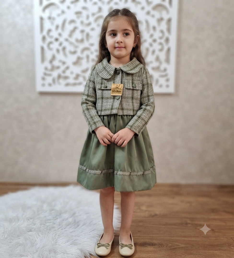 نمای جانبی و طراحی ظاهری کت و سارافون بچگانه دخترانه لمه مناسب ۴ تا ۷ سال با رنگبندی جذاب