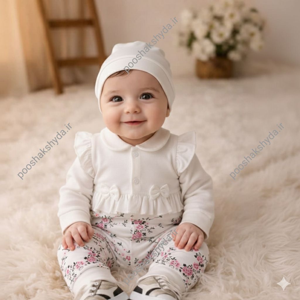 بسته‌بندی اورجینال ست لباس نوزاد دخترانه با طرح گل و کلاه سایز ۱ تا ۳ همراه با مشخصات فنی محصول