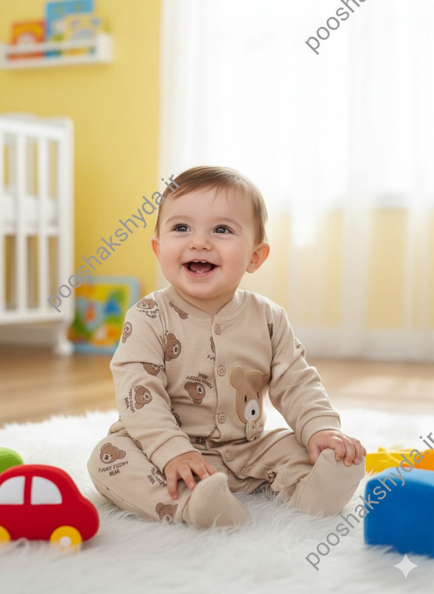 بسته‌بندی اورجینال ست لباس نوزاد پسرانه با طرح خرسی و کلاه - برند شاهین سایز ۱ تا ۳ همراه با مشخصات فنی محصول