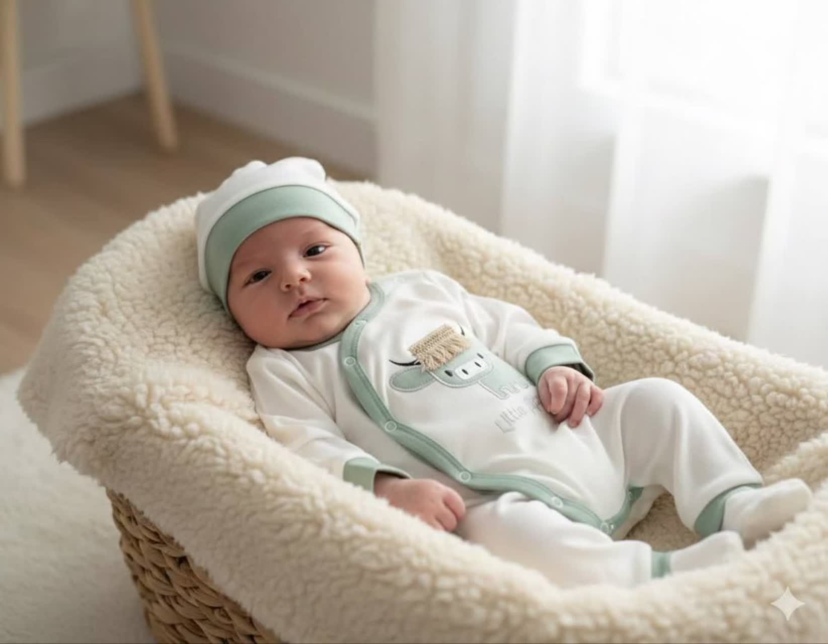 جزئیات کیفیت ساخت و متریال به‌کاررفته در ست سرهمی و کلاه نوزاد دخترانه و پسرانه طرح گاو “Little Moo”
