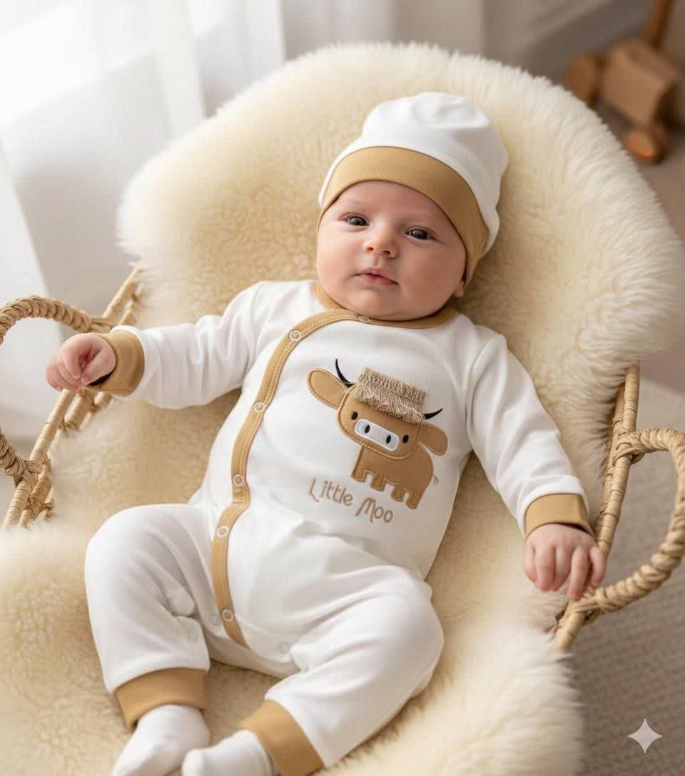 جزئیات کیفیت ساخت و متریال بهکاررفته در ست سرهمی و کلاه نوزاد دخترانه و پسرانه طرح گاو “Little Moo” - نمای 1_1