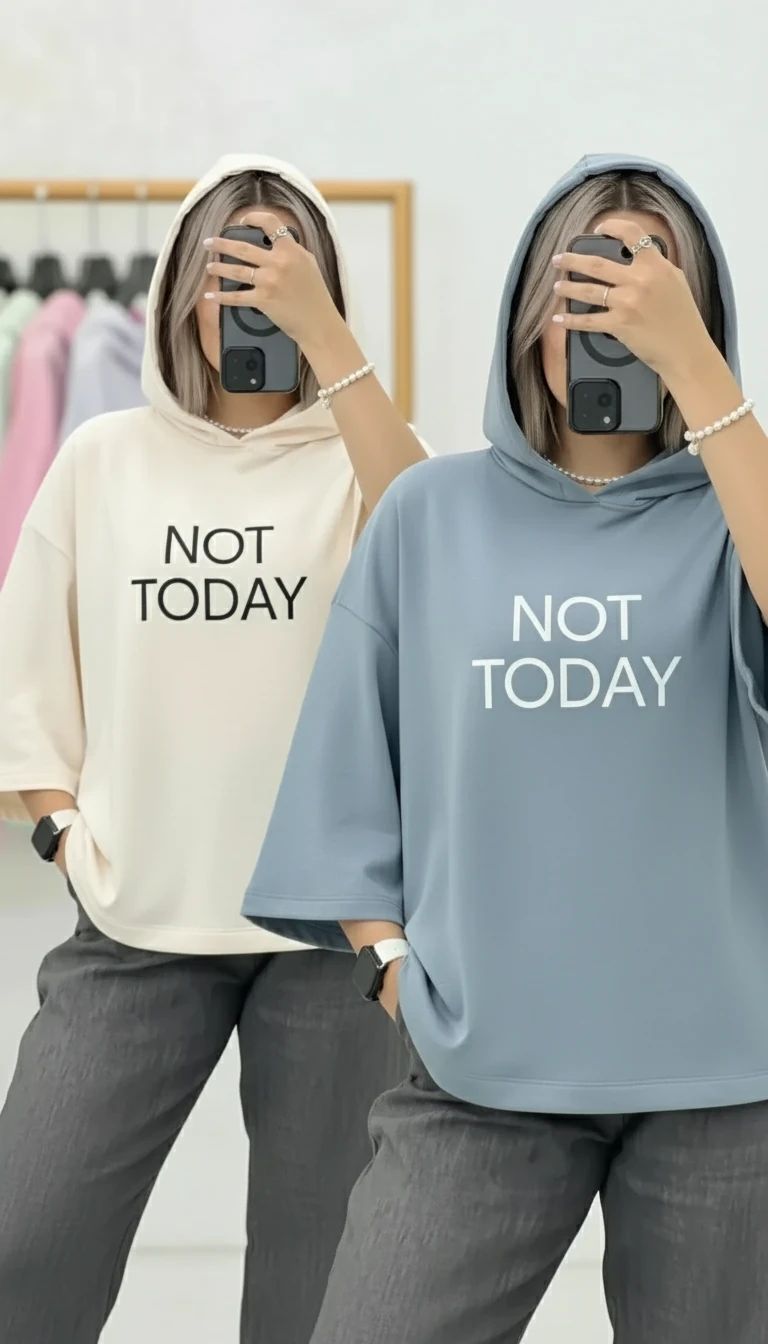 نمای کامل تیشرت باکسی کلاه دار NOT TODAY همراه با بستهبندی اصلی و جزئیات محصول