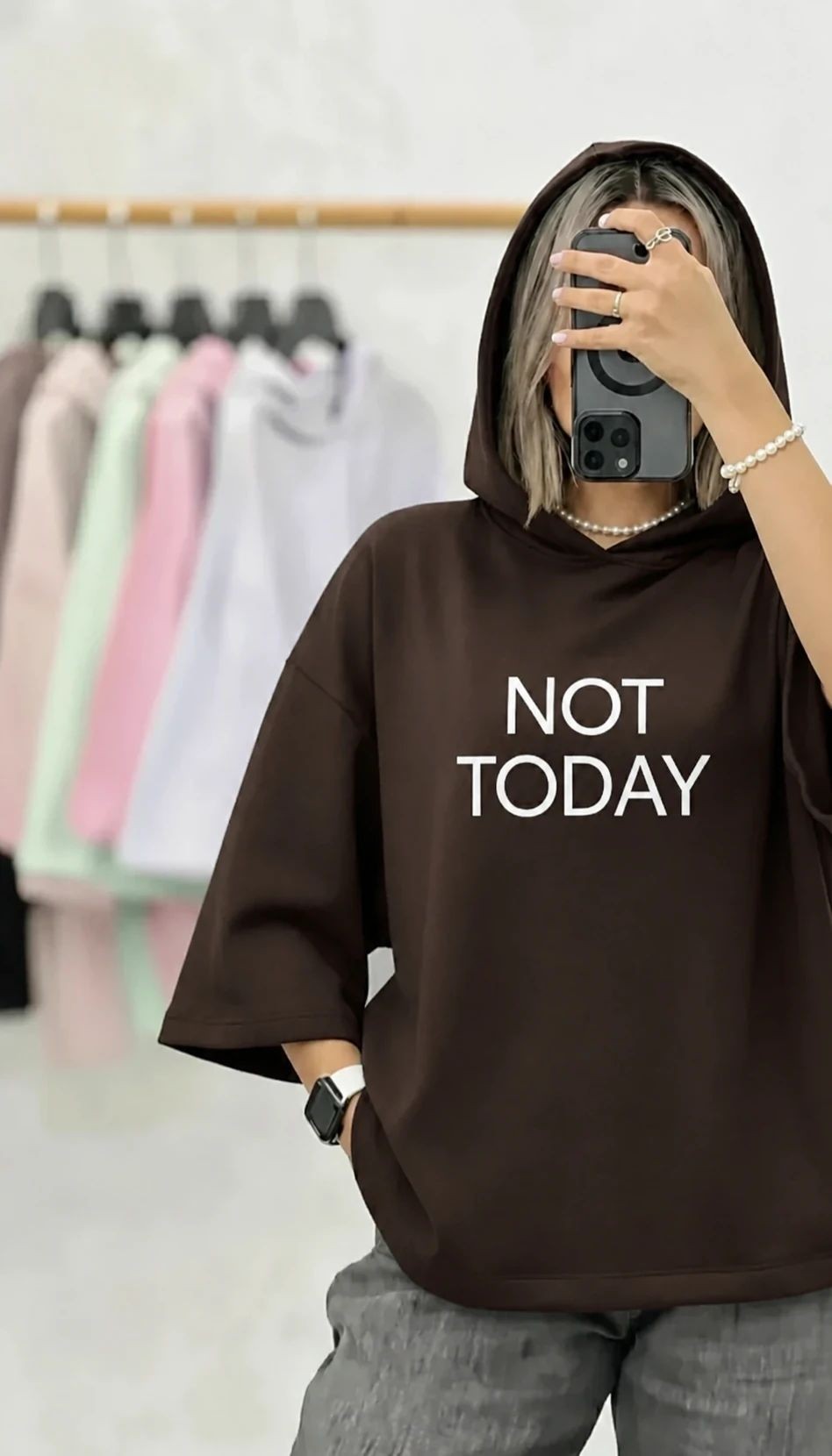بستهبندی اورجینال تیشرت باکسی کلاه دار NOT TODAY همراه با مشخصات فنی محصول - نمای 6_1