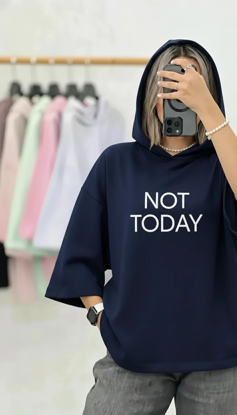 تصویر تخصصی تیشرت باکسی کلاه دار NOT TODAY با نمایش ویژگیها و جزئیات فنی - نمای 8_1