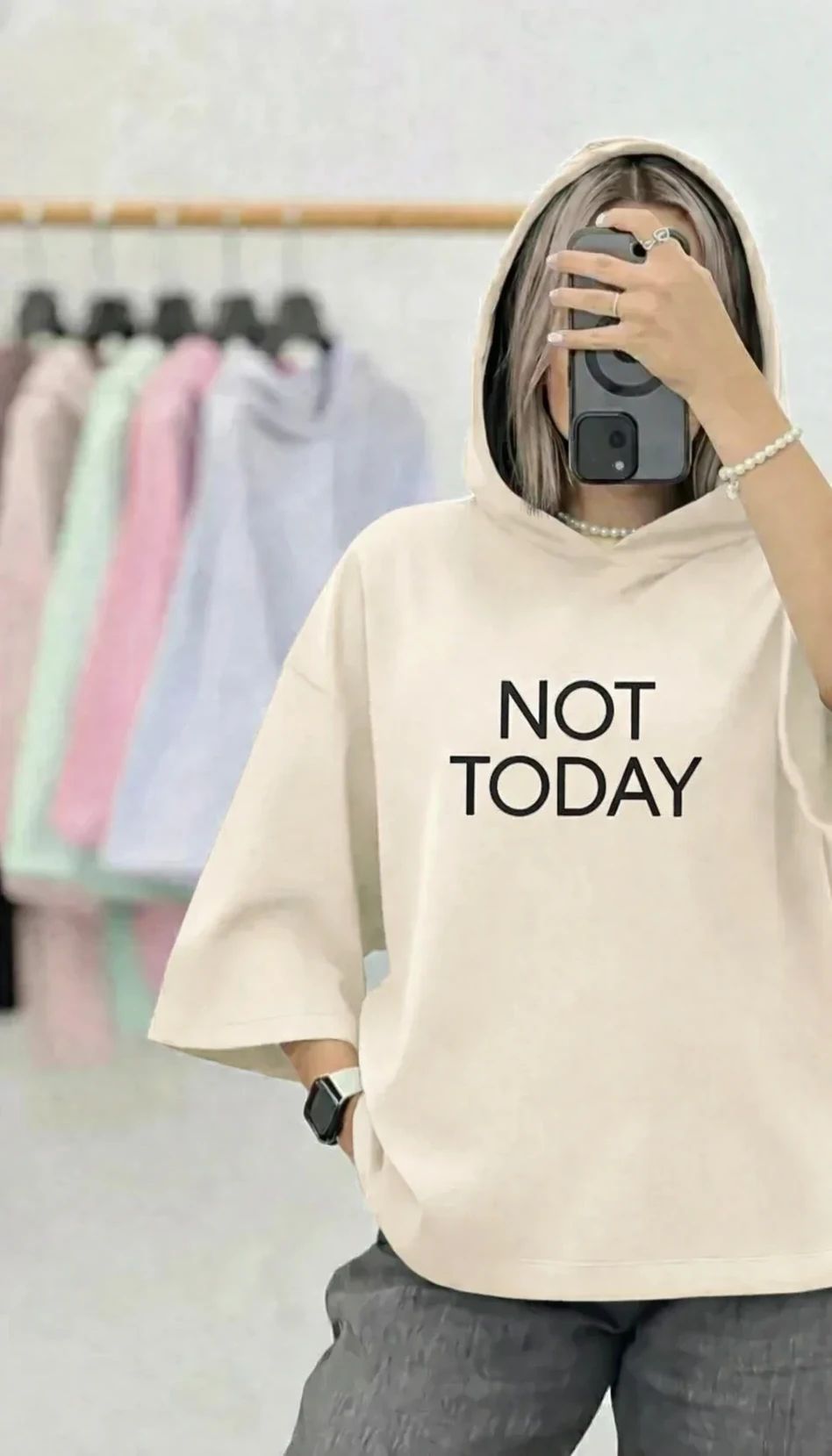 بستهبندی اورجینال تیشرت باکسی کلاه دار NOT TODAY همراه با مشخصات فنی محصول - نمای 10_1