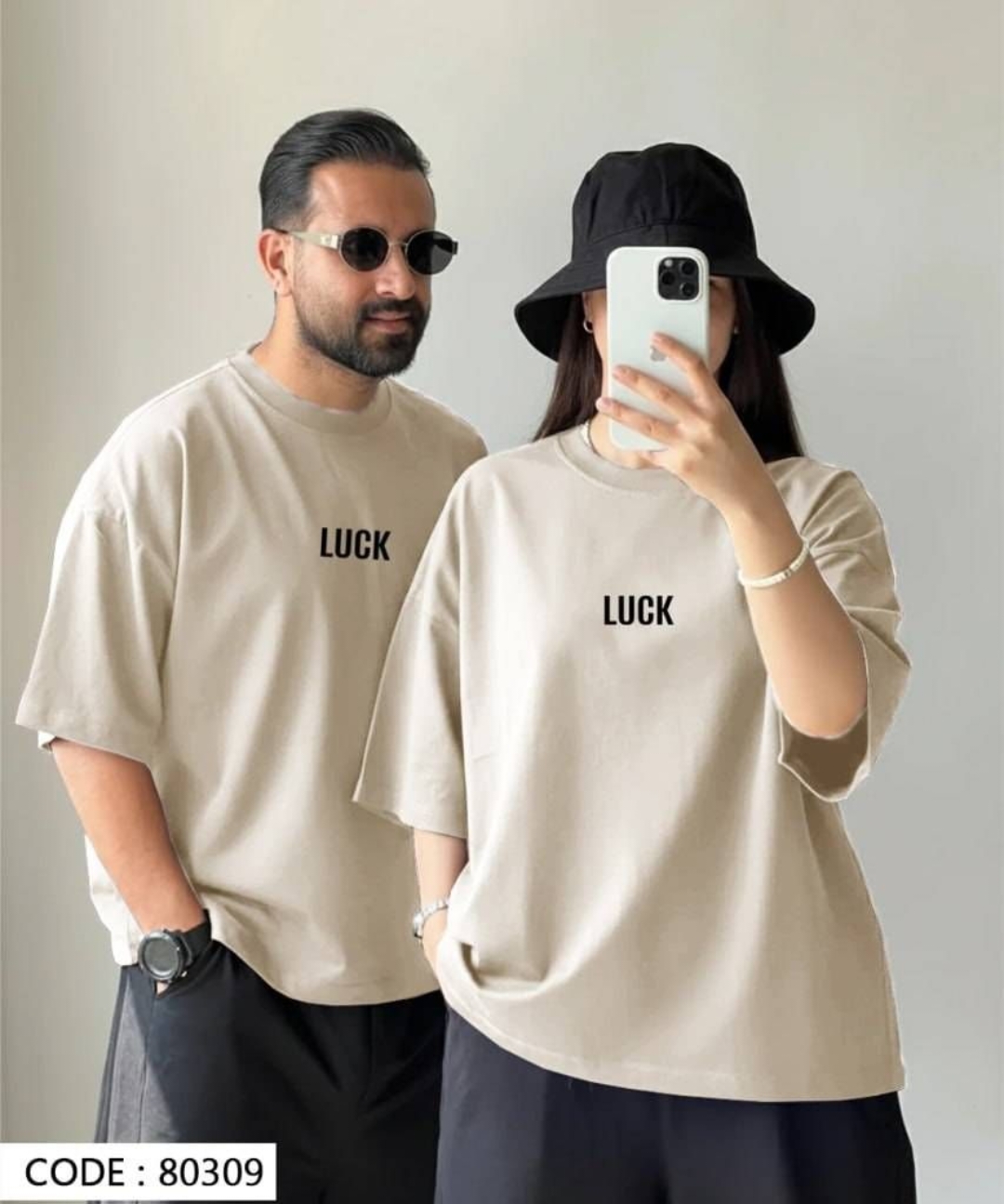 تصویر تخصصی تیشرت باکسی LUCK کاپلی با نمایش ویژگیها و جزئیات فنی