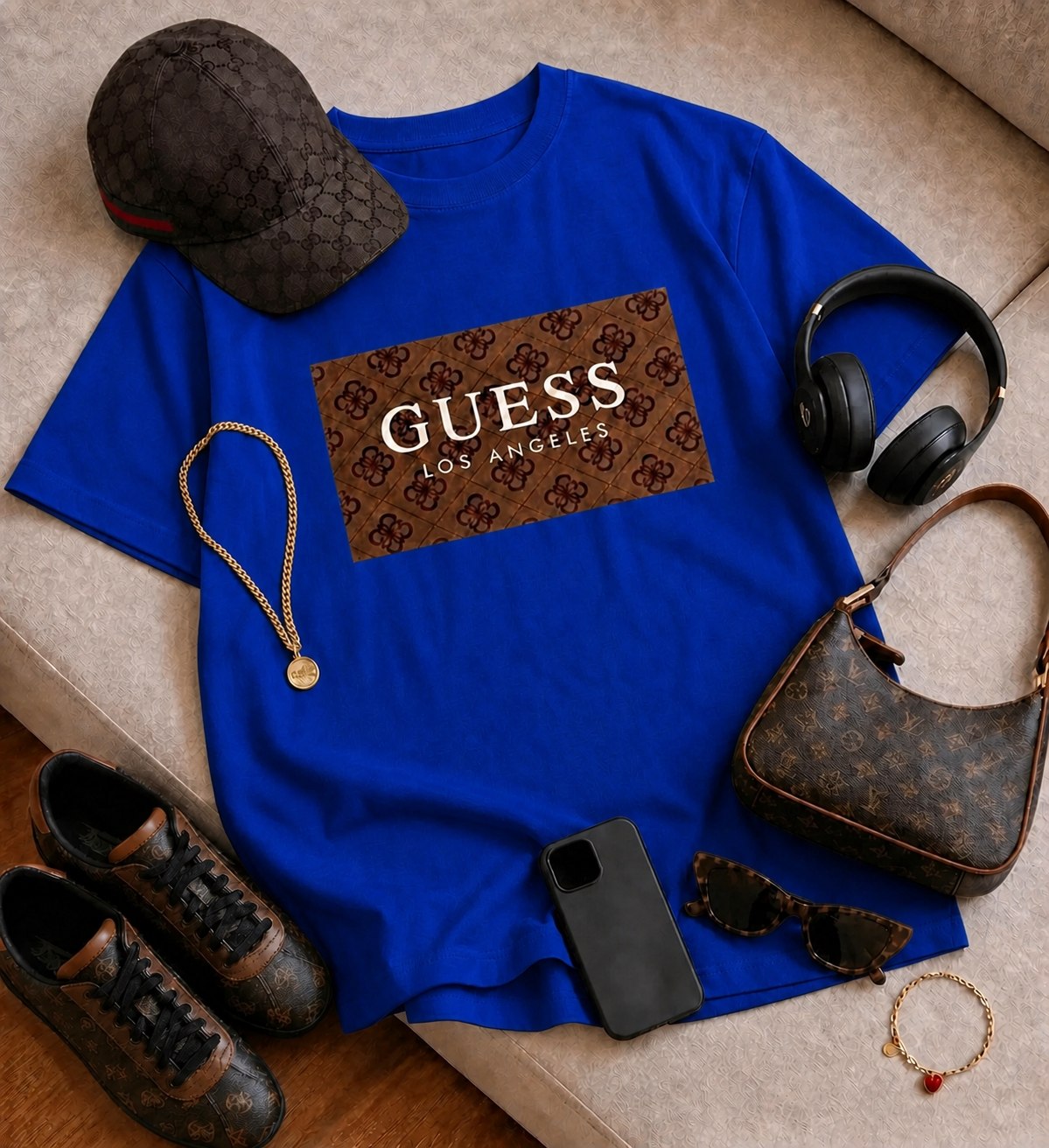 بستهبندی اورجینال تیشرت باکسی سامر طرح Guess همراه با مشخصات فنی محصول