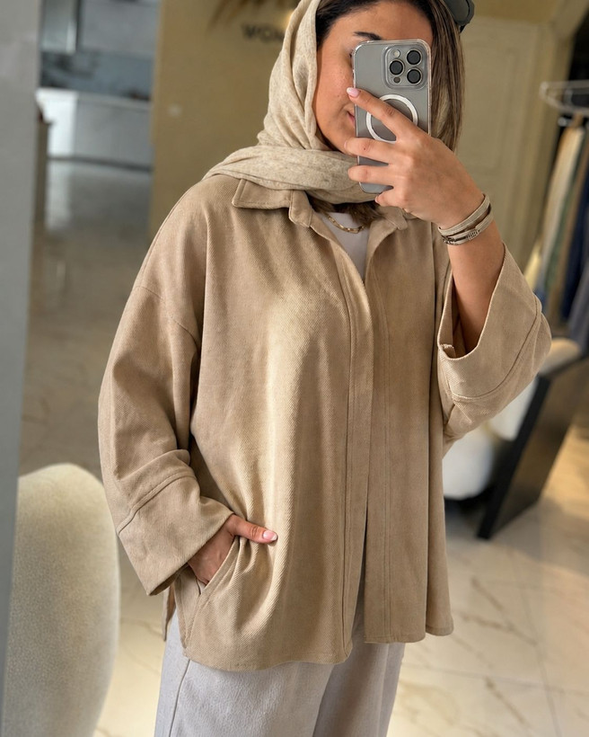 تصویر تخصصی مانتو تک جلو باز لنین ترک با نمایش ویژگیها و جزئیات فنی