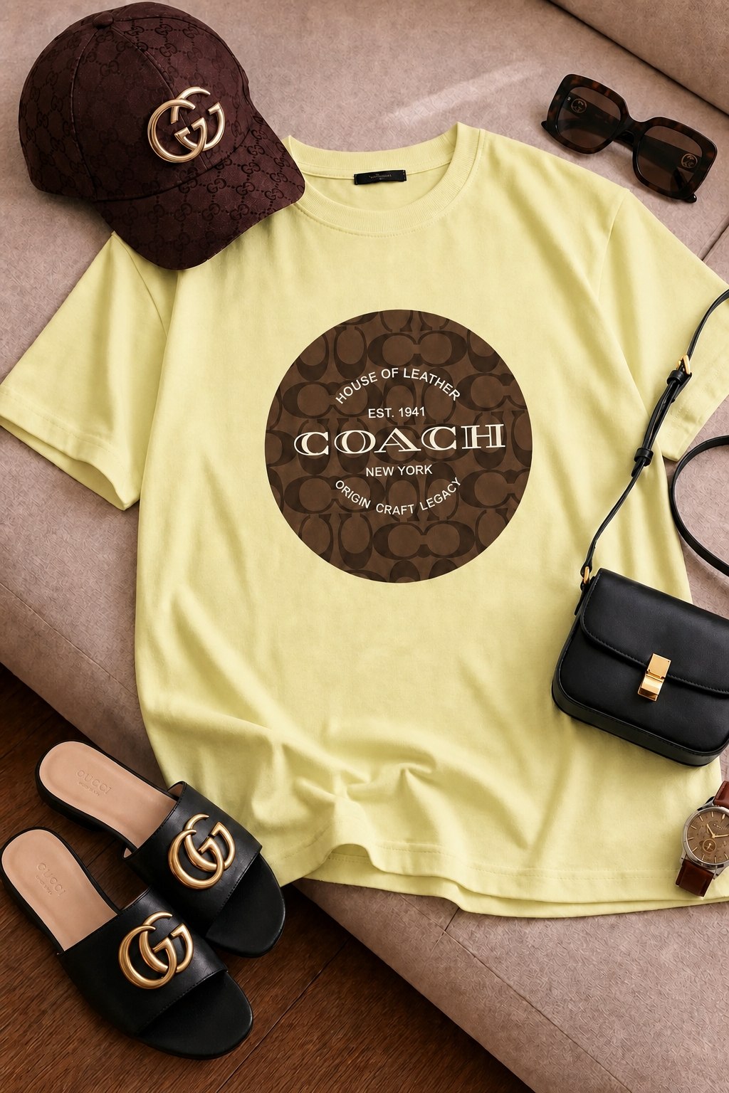 نمای پشت و اجزای تشکیلدهنده تیشرت باکسی سامر طرح coach با کیفیت بالا