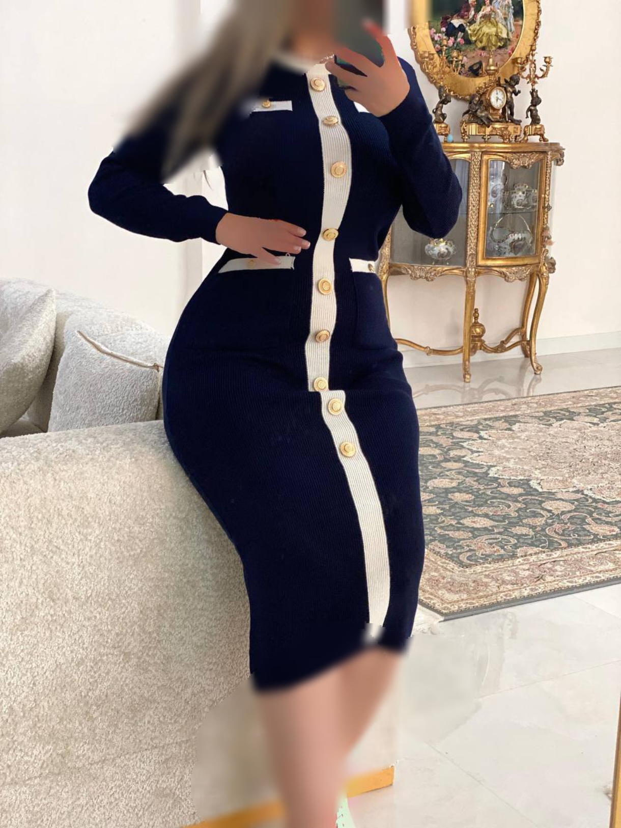 تصویر تخصصی کفتان بافت جیب نما هفت دکمه زنانه زمستانه با نمایش ویژگیها و جزئیات فنی