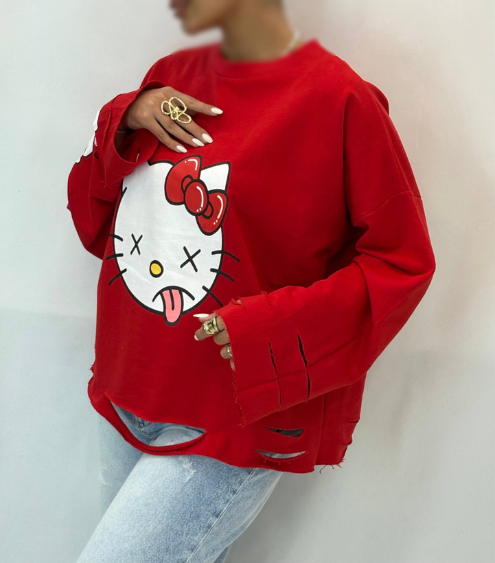 تصویر تخصصی لانگ اسلیو زاپدار HELLO KITTY زنانه با نمایش ویژگیها و جزئیات فنی