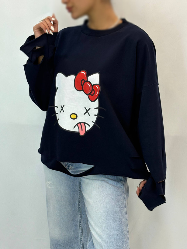نمای کامل لانگ اسلیو زاپدار HELLO KITTY زنانه همراه با بستهبندی اصلی و جزئیات محصول