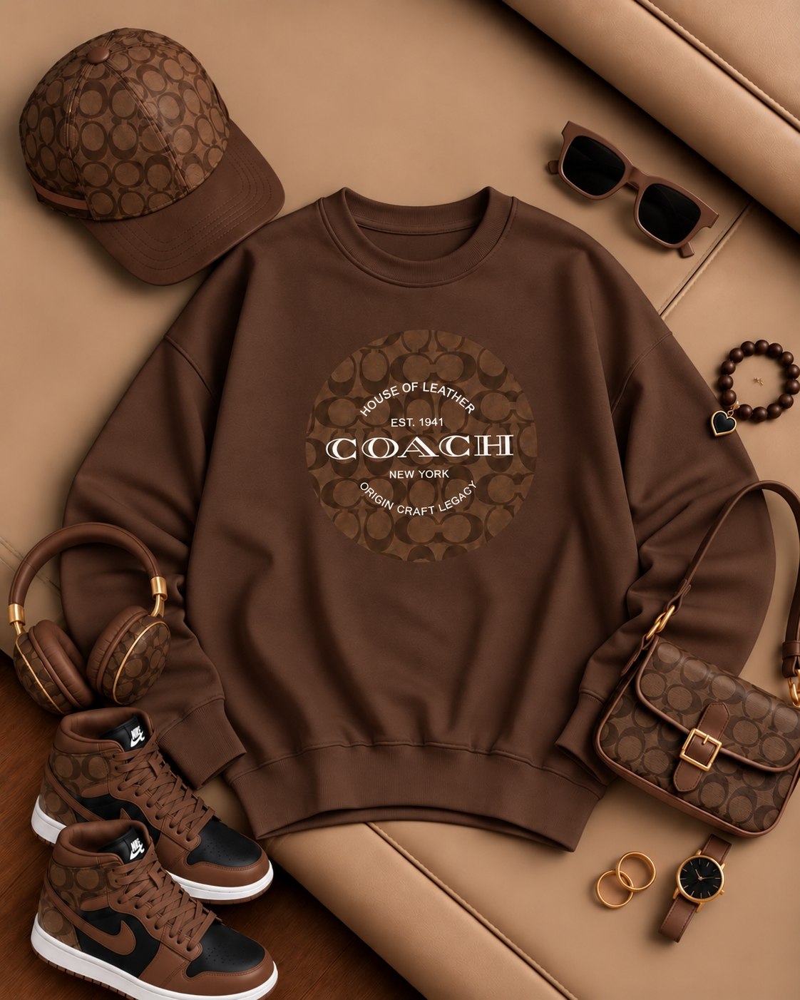نمای کامل دورس تو کرکی یقه گرد کاپلی coach همراه با بستهبندی اصلی و جزئیات محصول