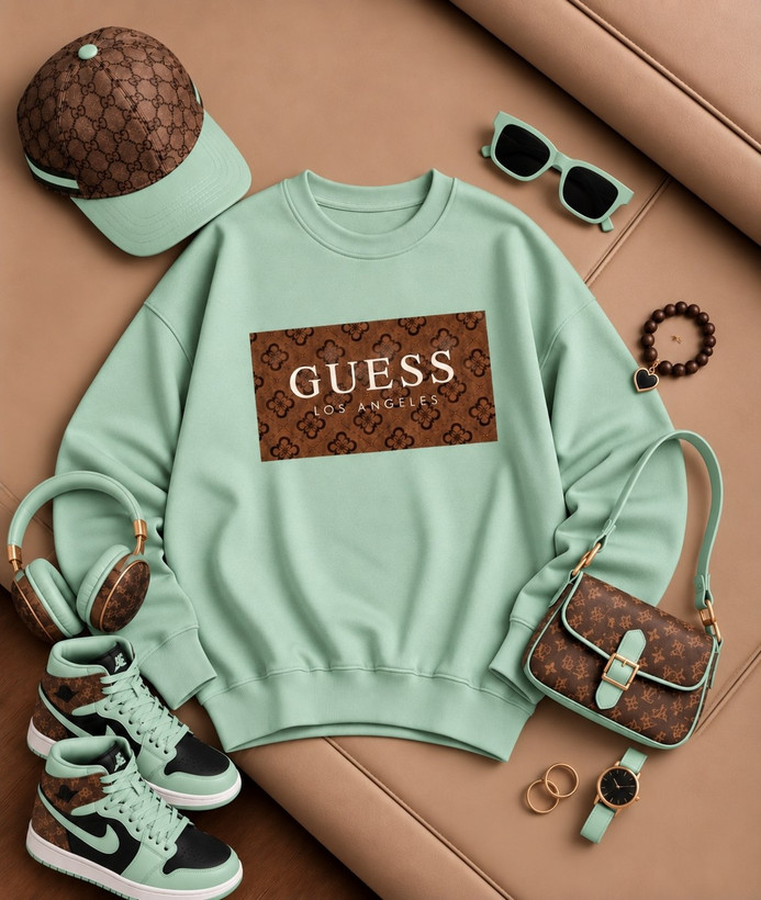 تصویر تخصصی دورس تو کرکی یقه گرد کاپلی guess با نمایش ویژگیها و جزئیات فنی
