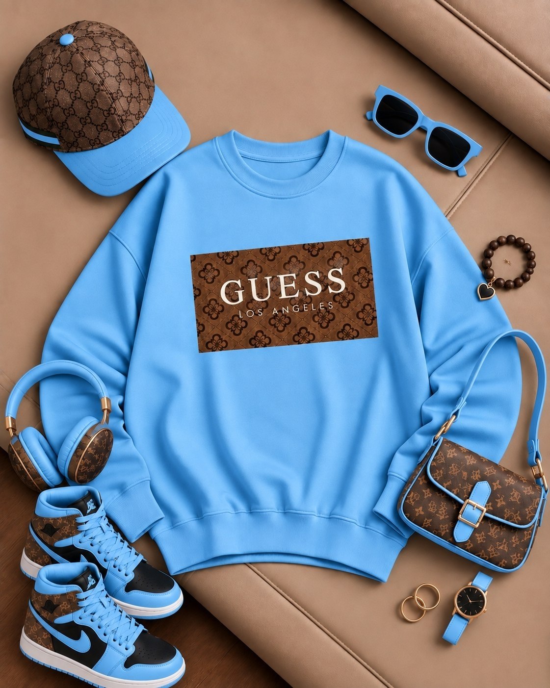 نمای کامل دورس تو کرکی یقه گرد کاپلی guess همراه با بستهبندی اصلی و جزئیات محصول - نمای 9_1