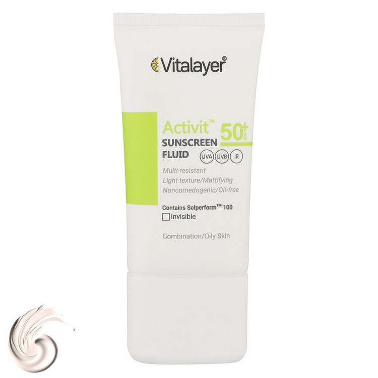 نمای پشت و اجزای تشکیلدهنده فلوئید ضدآفتاب بیرنگ ویتالیر SPF50 مدل Activit، مناسب پوستهای مختلط و چرب، حجم 50 میلیلیتر با کیفیت بالا