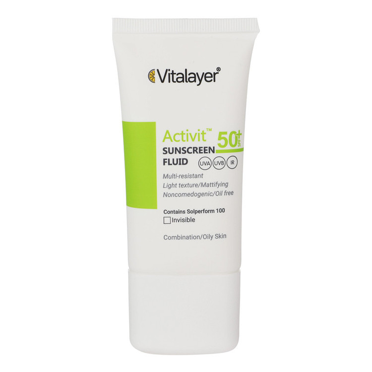 جزئیات کیفیت ساخت و متریال بهکاررفته در فلوئید ضدآفتاب بیرنگ ویتالیر SPF50 مدل Activit، مناسب پوستهای مختلط و چرب، حجم 50 میلیلیتر