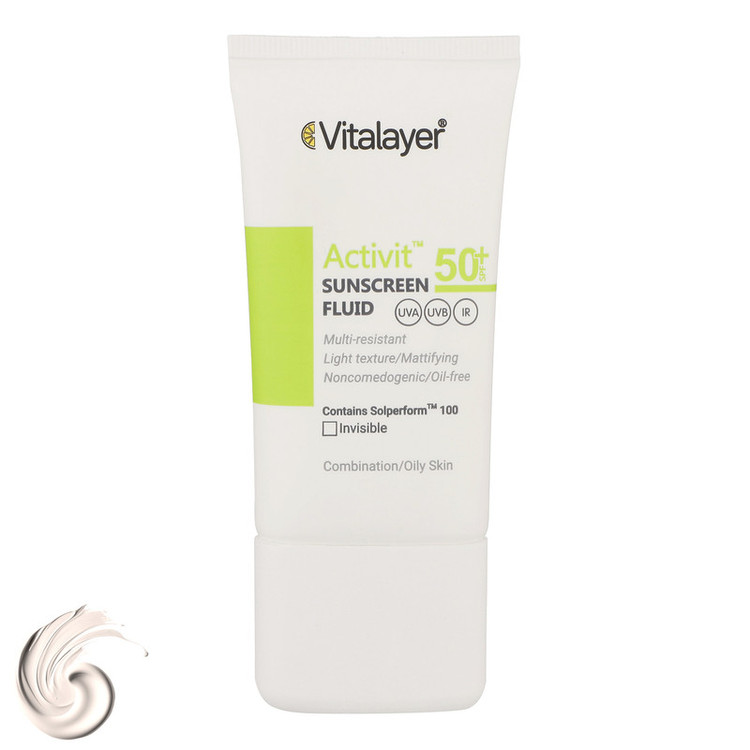نمای قدی فلوئید ضدآفتاب بیرنگ ویتالیر SPF50 مدل Activit، مناسب پوستهای مختلط و چرب، حجم 50 میلیلیتر با تمرکز بر طراحی و کارایی محصول