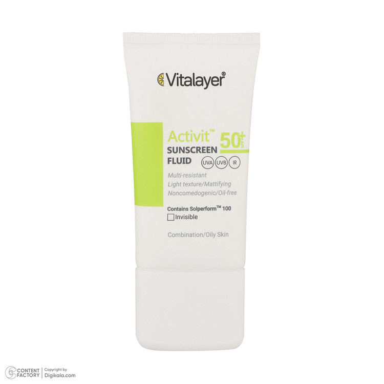 نمای محصول فلوئید ضدآفتاب بیرنگ ویتالیر SPF50 مدل Activit، مناسب پوستهای مختلط و چرب، حجم 50 میلیلیتر با تمامی جزئیات ظاهری و فنی - نمای 6_1