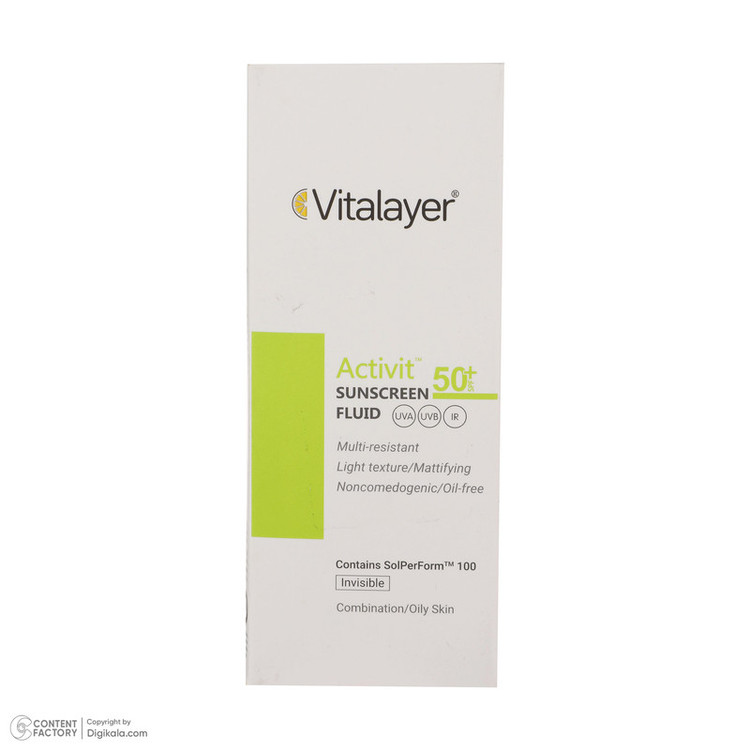 نمای محصول فلوئید ضدآفتاب بیرنگ ویتالیر SPF50 مدل Activit، مناسب پوستهای مختلط و چرب، حجم 50 میلیلیتر با تمامی جزئیات ظاهری و فنی - نمای 10_1