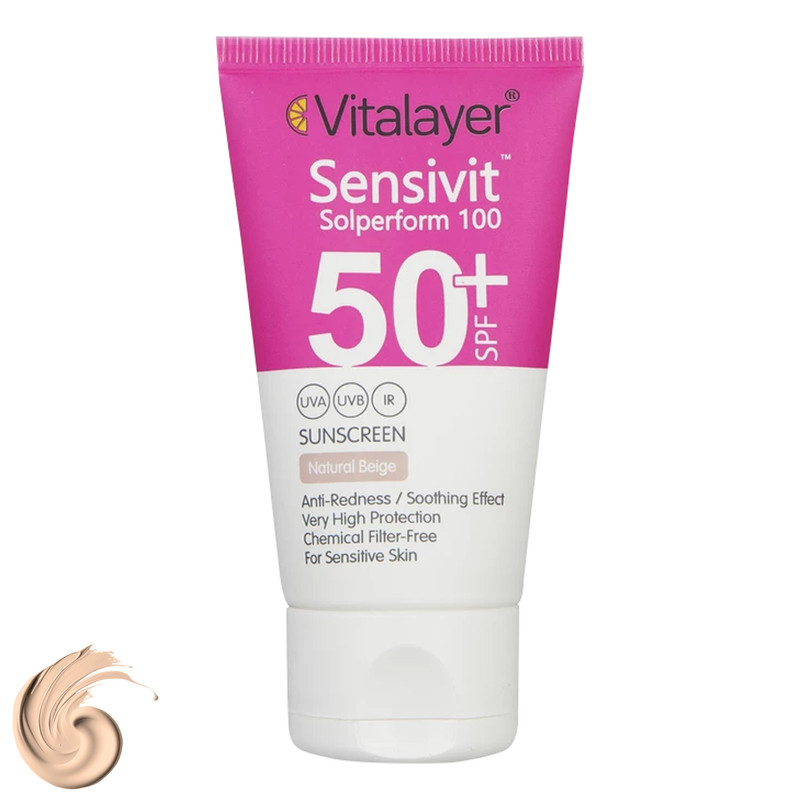 نمای قدی کرم ضد آفتاب رنگی ویتالیر SPF50+ مدل سنسی ویت مناسب پوست حساس با تمرکز بر طراحی و کارایی محصول