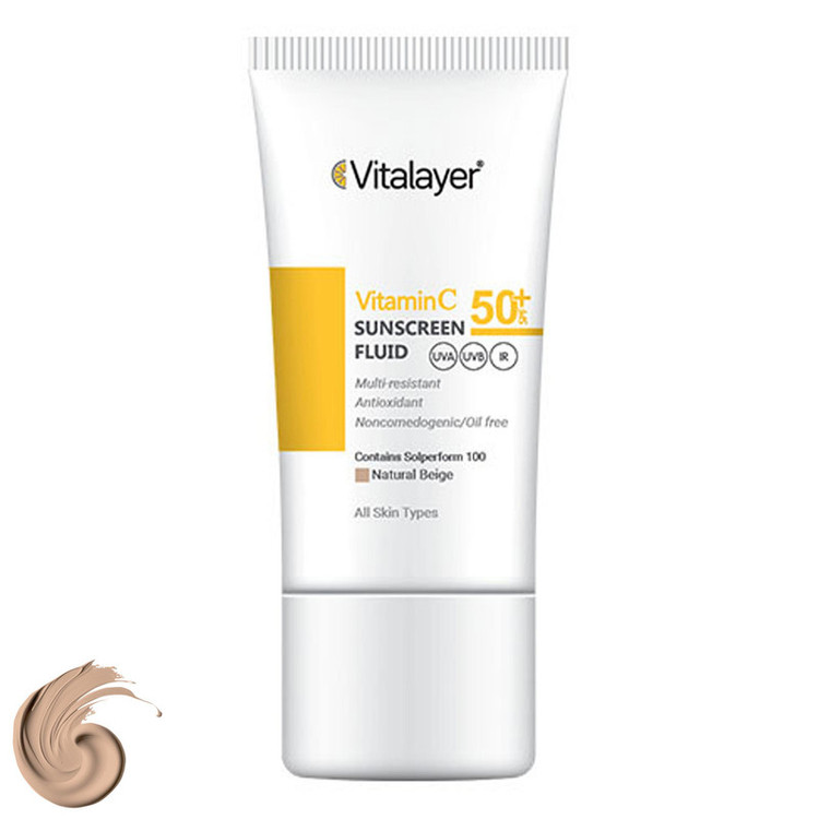 نمای قدی کرم ضد آفتاب رنگی ویتالیر، SPF 50، مدل ویتامین مکمل سی، مناسب انواع پوست با تمرکز بر طراحی و کارایی محصول