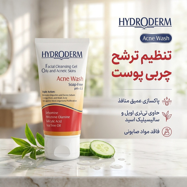 نمای قدی ژل شستوشوی صورت هیدرودرم مدل Oily Skin با تمرکز بر طراحی و کارایی محصول