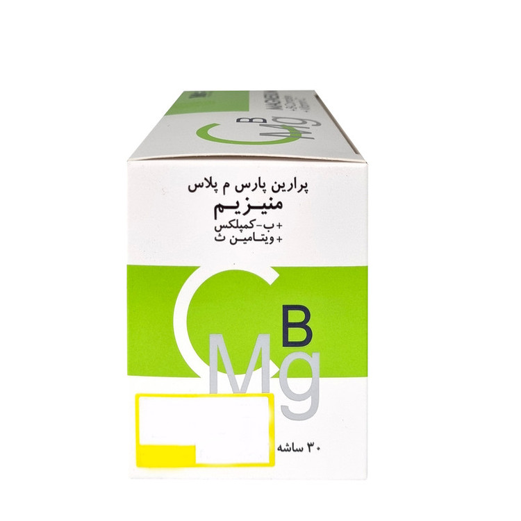 نمای کامل ساشه مکمل منیزیم و ب کمپلکس ویتامین C ام پلاس بسته 30 عددی همراه با بستهبندی اصلی و جزئیات محصول