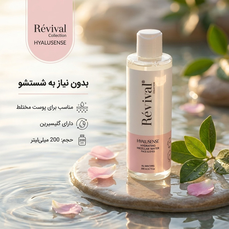 جزئیات دقیق قطعات و اجزای میسلار واتر پاک کننده آرایش صورت کلکسیون رویوال مدل HYALUSENSE مناسب برای پوست مختلط در نمای ماکرو