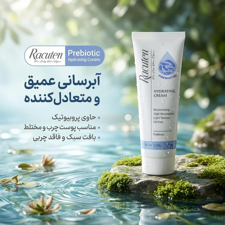 نمای کامل کرم آبرسان راکوتن مدل Prebiotic حجم 50 میلیلیتر همراه با بستهبندی اصلی و جزئیات محصول
