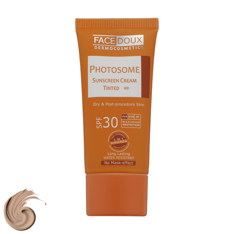 تصویر تخصصی کرم ضد آفتاب رنگی فیس دوکس SPF 30 مدل photosome 02 ، ضد آب، مناسب پوست های خشک انقضا 1405/09/11 با نمایش ویژگیها و جزئیات فنی