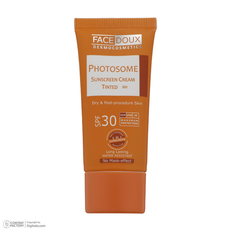 نمای کامل کرم ضد آفتاب رنگی فیس دوکس SPF 30 مدل photosome 02 ، ضد آب، مناسب پوست های خشک انقضا 1405/09/11 همراه با بستهبندی اصلی و جزئیات محصول