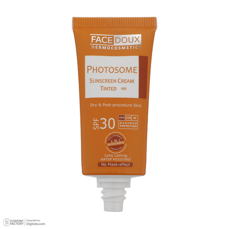 بافت و جنس مواد اولیه کرم ضد آفتاب رنگی فیس دوکس SPF 30 مدل photosome 02 ، ضد آب، مناسب پوست های خشک انقضا 1405/09/11 در نمای نزدیک