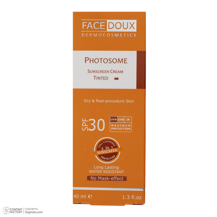 نمای کامل کرم ضد آفتاب رنگی فیس دوکس SPF 30 مدل photosome 02 ، ضد آب، مناسب پوست های خشک انقضا 1405/09/11 همراه با بستهبندی اصلی و جزئیات محصول - نمای 6_1